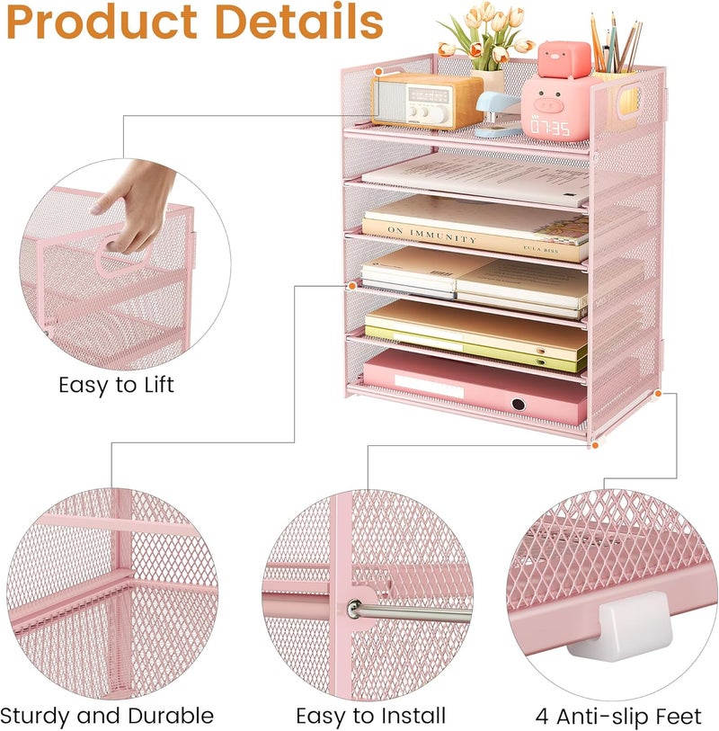 SUBEKYU 6 Tier Office File Paper Desk Tray Organizer with Handle, Stackable Slide Mesh Letter Tray Folder Pink Desk Organizer, Desktop Document Sorter for Classroom, Office, Home Supplies Storage - Image 5